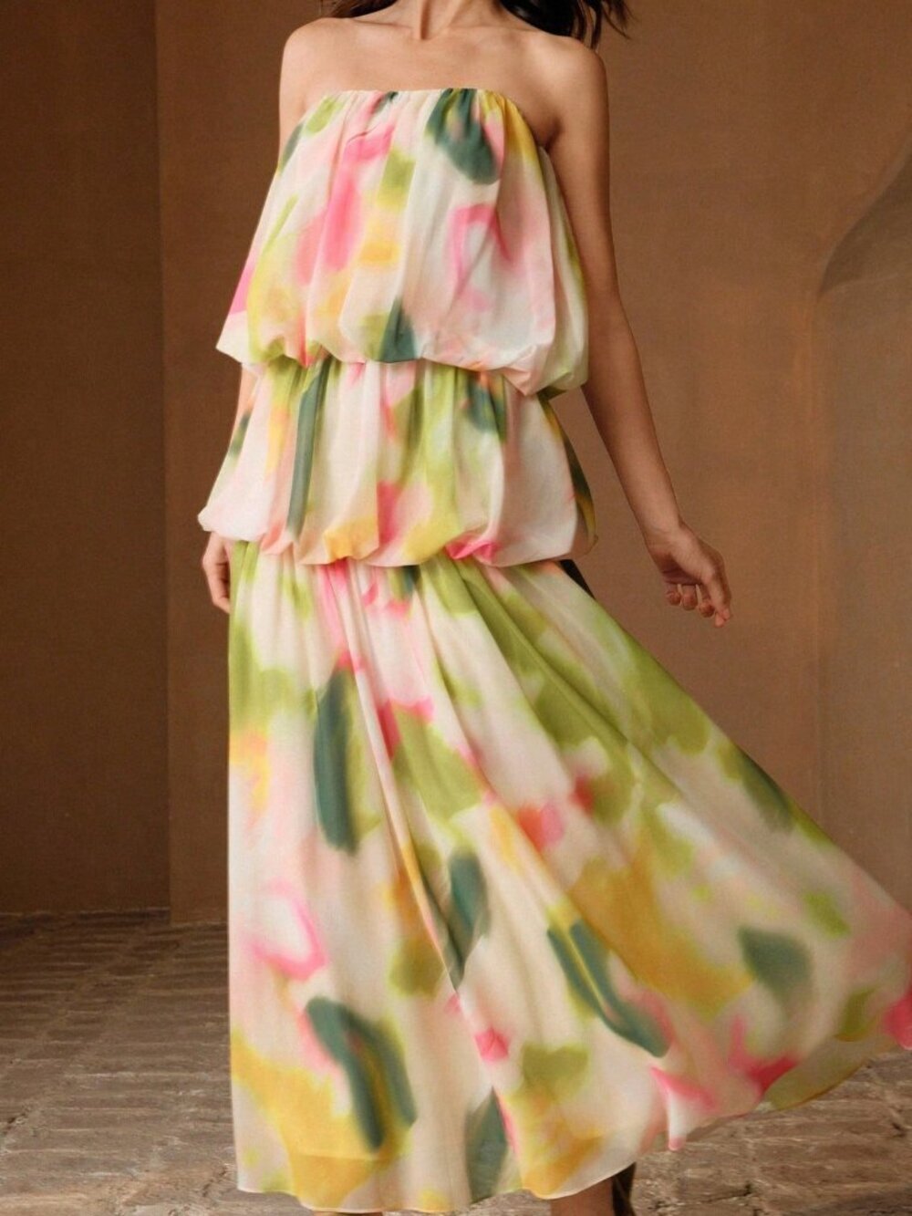 Multicolor Preppy Women's Floral Print Chiffon Sleeveless Tiered Maxi Dress - Picture 4 of 8